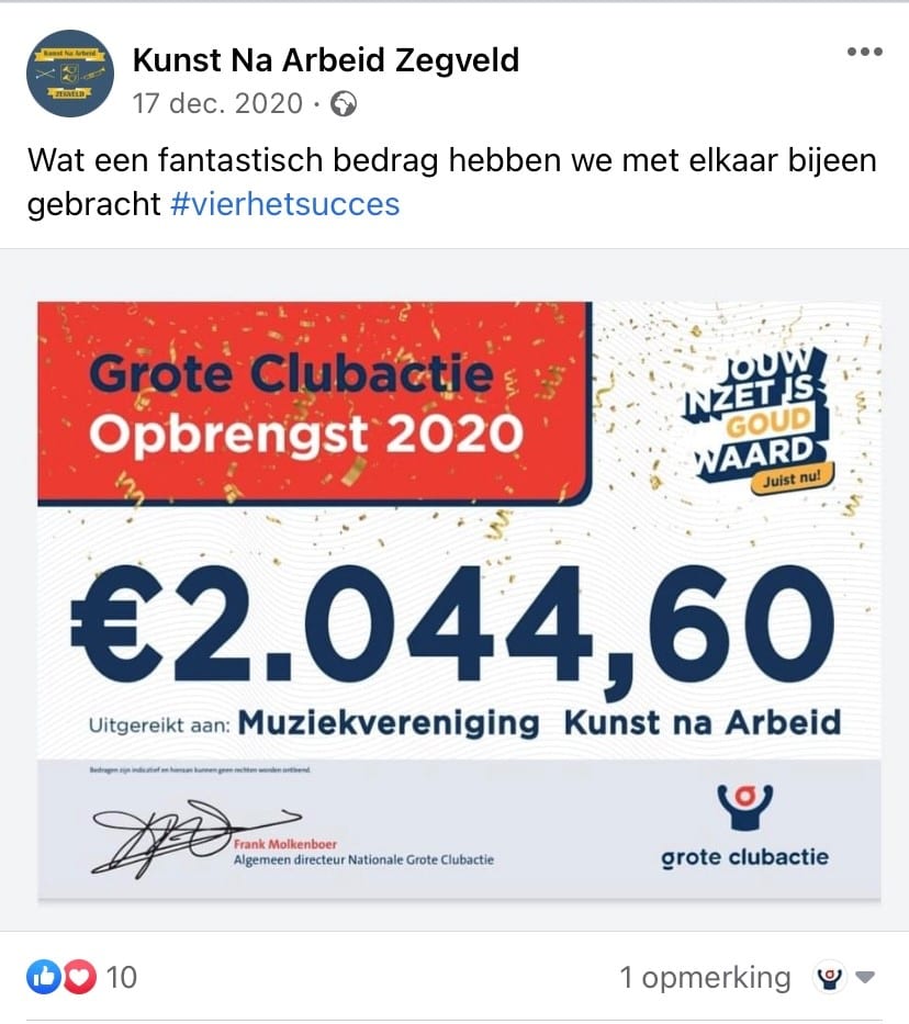 Opbrengst muziekvereniging kunst na arbeid